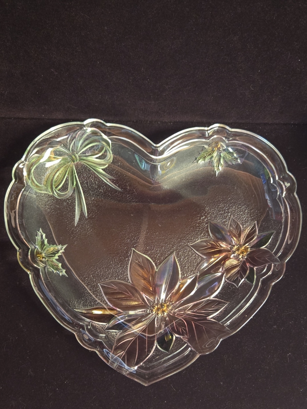 Vtg Mikasa Savoir Vivre Holiday Spirit Heart Glass Platter Poinsettia Tray 12"